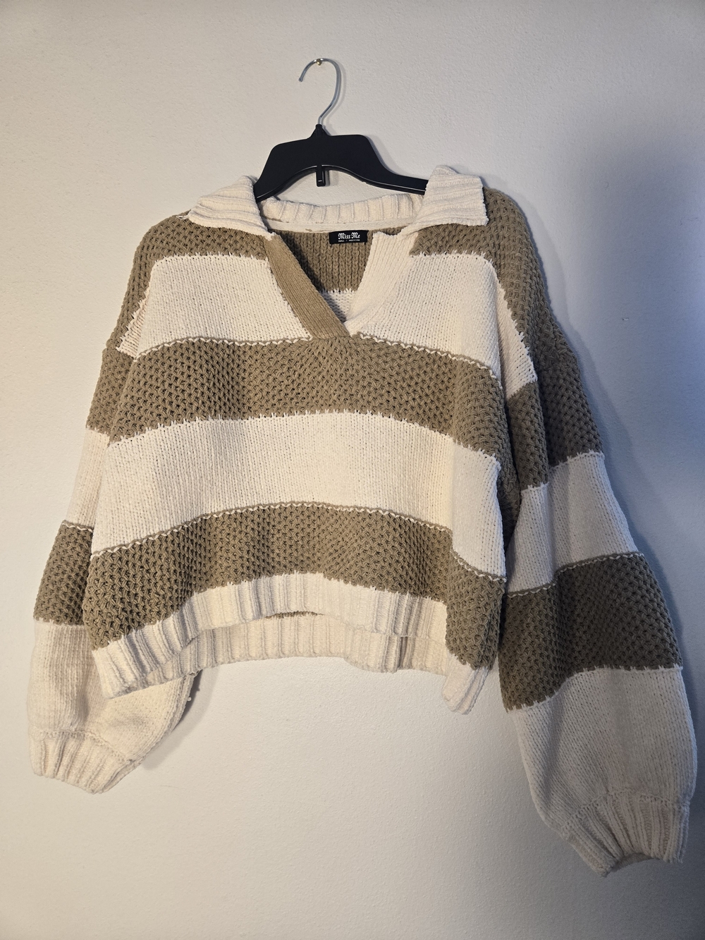 Miss Me Cream and Tan Striped V-Neck Crop Sweater
